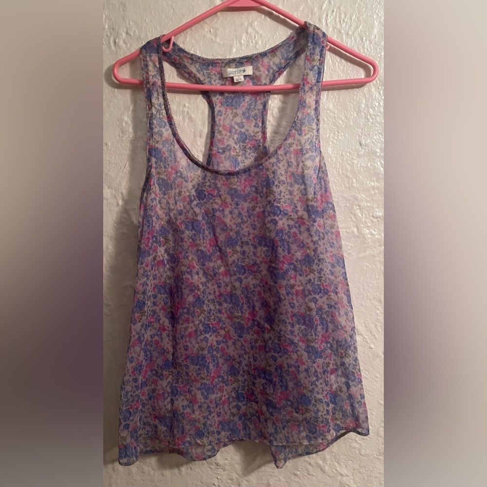 Vintage aerie blue floral racerback sheer tank top; size S